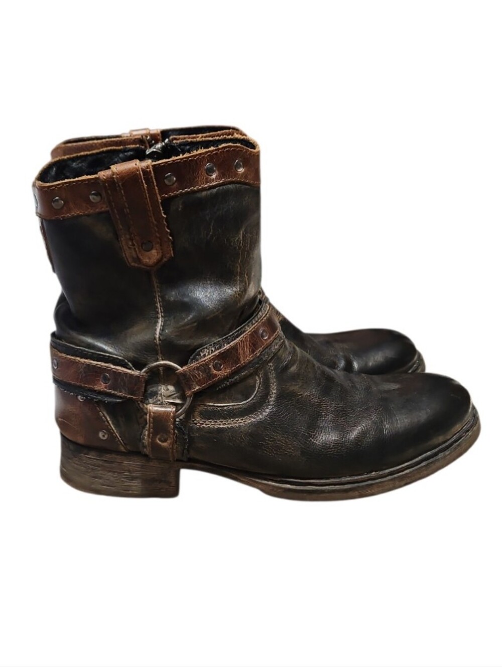 Bed Stu Montley Rubic Leather Ankle Distressed Harness Western Boots - Picture 2 of 10